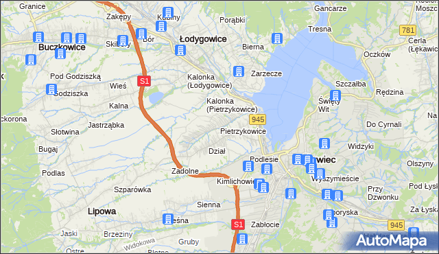 mapa Pietrzykowice gmina Łodygowice, Pietrzykowice gmina Łodygowice na mapie Targeo