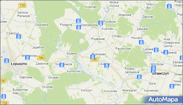 mapa Piotrowiec gmina Łopuszno, Piotrowiec gmina Łopuszno na mapie Targeo