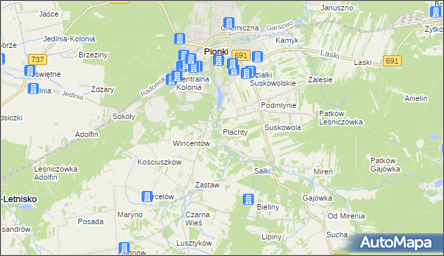 mapa Płachty gmina Pionki, Płachty gmina Pionki na mapie Targeo