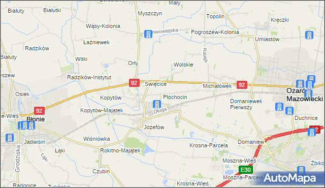 mapa Płochocin gmina Ożarów Mazowiecki, Płochocin gmina Ożarów Mazowiecki na mapie Targeo
