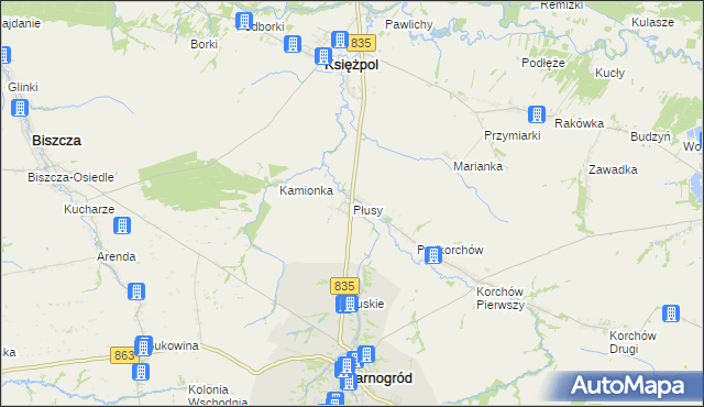 mapa Płusy gmina Księżpol, Płusy gmina Księżpol na mapie Targeo