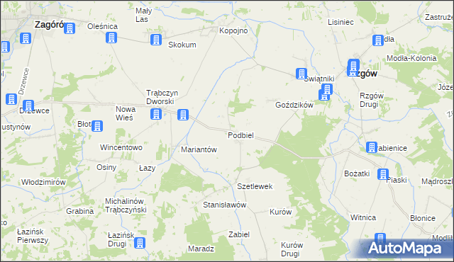 mapa Podbiel gmina Zagórów, Podbiel gmina Zagórów na mapie Targeo