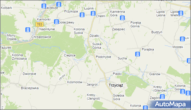 mapa Podchybie gmina Trzyciąż, Podchybie gmina Trzyciąż na mapie Targeo