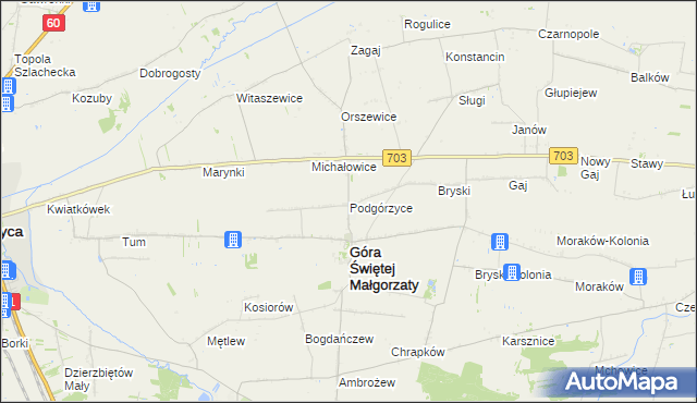 mapa Podgórzyce gmina Góra Świętej Małgorzaty, Podgórzyce gmina Góra Świętej Małgorzaty na mapie Targeo