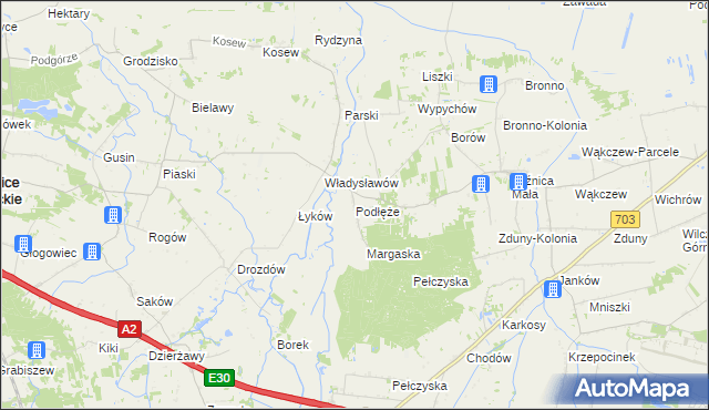 mapa Podłęże gmina Świnice Warckie, Podłęże gmina Świnice Warckie na mapie Targeo