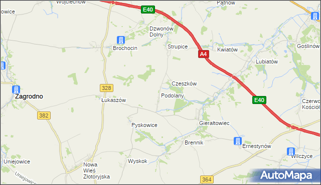 mapa Podolany gmina Złotoryja, Podolany gmina Złotoryja na mapie Targeo
