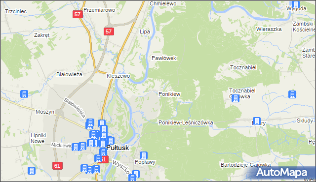 mapa Ponikiew gmina Pułtusk, Ponikiew gmina Pułtusk na mapie Targeo