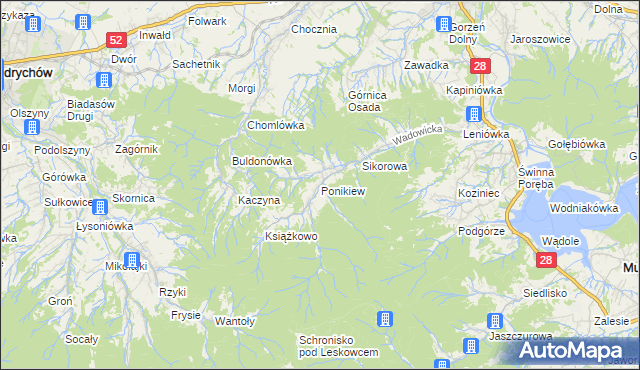 mapa Ponikiew gmina Wadowice, Ponikiew gmina Wadowice na mapie Targeo