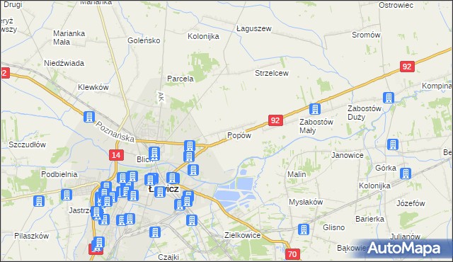 mapa Popów gmina Łowicz, Popów gmina Łowicz na mapie Targeo