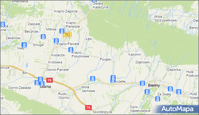 mapa Porąbki gmina Bieliny, Porąbki gmina Bieliny na mapie Targeo