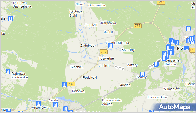 mapa Poświętne gmina Pionki, Poświętne gmina Pionki na mapie Targeo