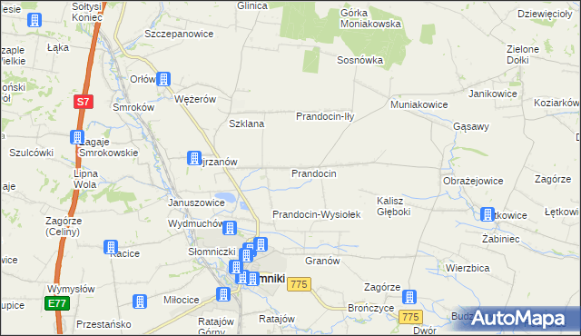 mapa Prandocin gmina Słomniki, Prandocin gmina Słomniki na mapie Targeo