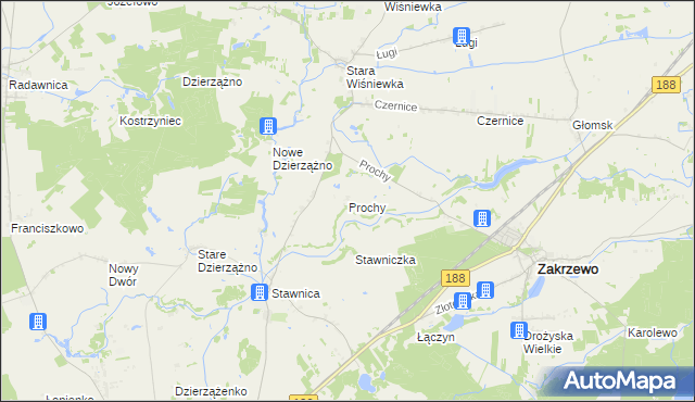 mapa Prochy gmina Zakrzewo, Prochy gmina Zakrzewo na mapie Targeo