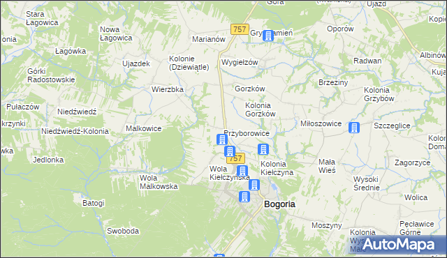 mapa Przyborowice gmina Bogoria, Przyborowice gmina Bogoria na mapie Targeo