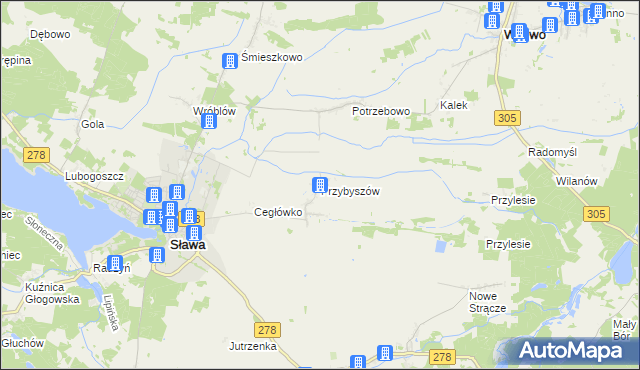 mapa Przybyszów gmina Sława, Przybyszów gmina Sława na mapie Targeo