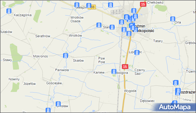 mapa Psie Pole gmina Koźmin Wielkopolski, Psie Pole gmina Koźmin Wielkopolski na mapie Targeo