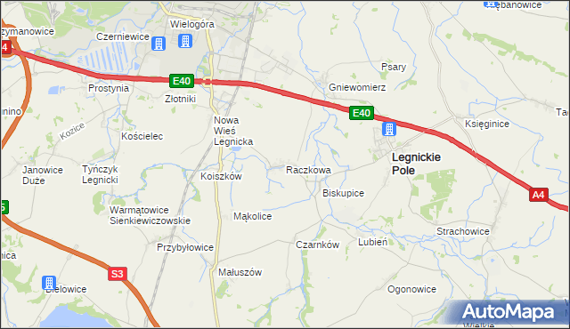 mapa Raczkowa gmina Legnickie Pole, Raczkowa gmina Legnickie Pole na mapie Targeo