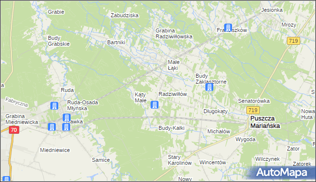 mapa Radziwiłłów gmina Puszcza Mariańska, Radziwiłłów gmina Puszcza Mariańska na mapie Targeo