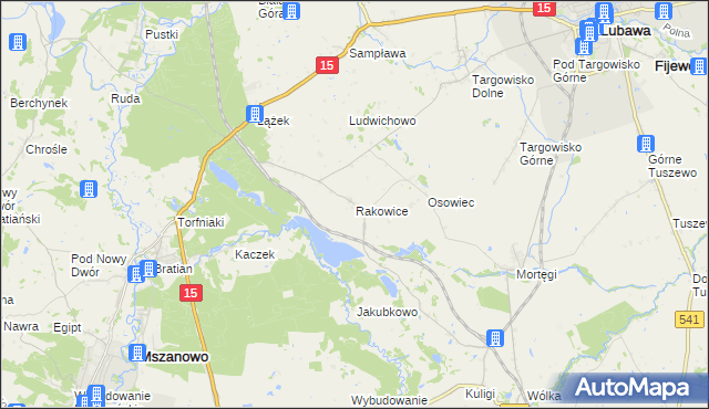 mapa Rakowice gmina Lubawa, Rakowice gmina Lubawa na mapie Targeo