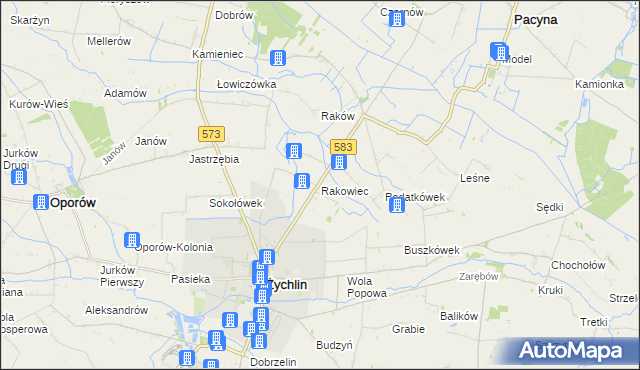 mapa Rakowiec gmina Pacyna, Rakowiec gmina Pacyna na mapie Targeo