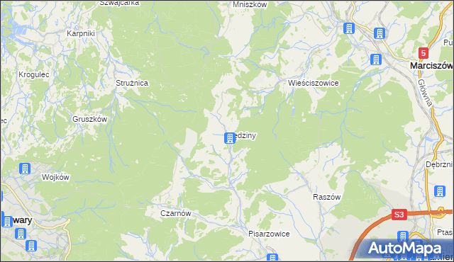 mapa Rędziny gmina Kamienna Góra, Rędziny gmina Kamienna Góra na mapie Targeo