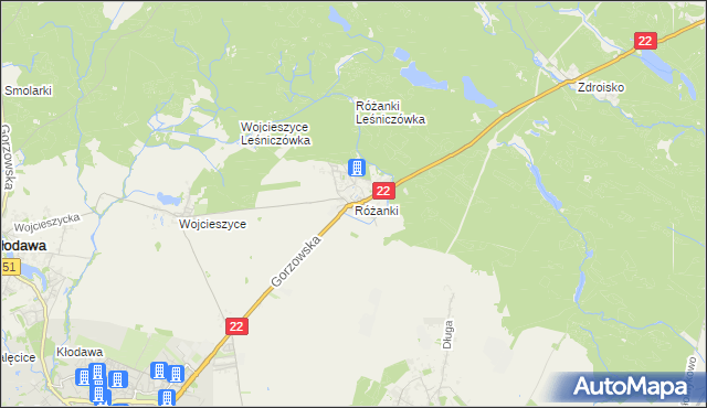 mapa Różanki gmina Kłodawa, Różanki gmina Kłodawa na mapie Targeo