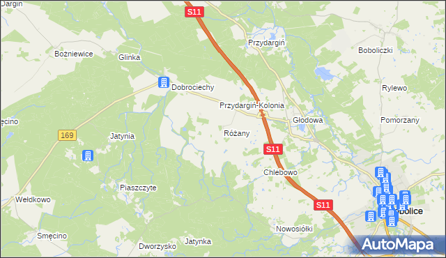 mapa Różany gmina Bobolice, Różany gmina Bobolice na mapie Targeo
