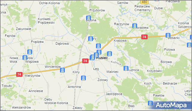 mapa Rusiec powiat bełchatowski, Rusiec powiat bełchatowski na mapie Targeo