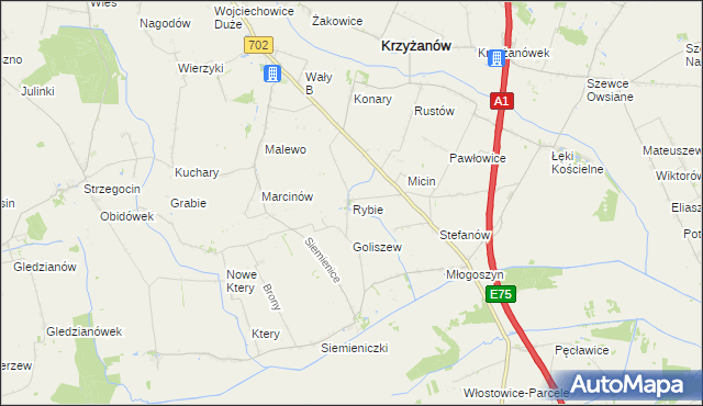 mapa Rybie gmina Krzyżanów, Rybie gmina Krzyżanów na mapie Targeo