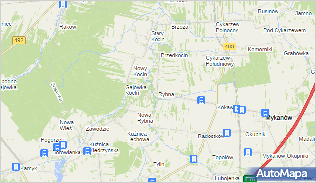 mapa Rybna gmina Mykanów, Rybna gmina Mykanów na mapie Targeo