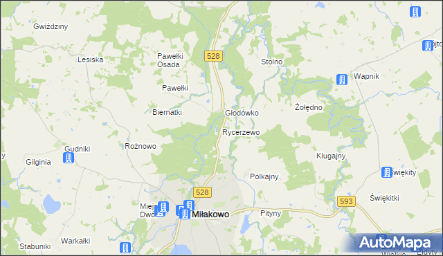 mapa Rycerzewo gmina Miłakowo, Rycerzewo gmina Miłakowo na mapie Targeo