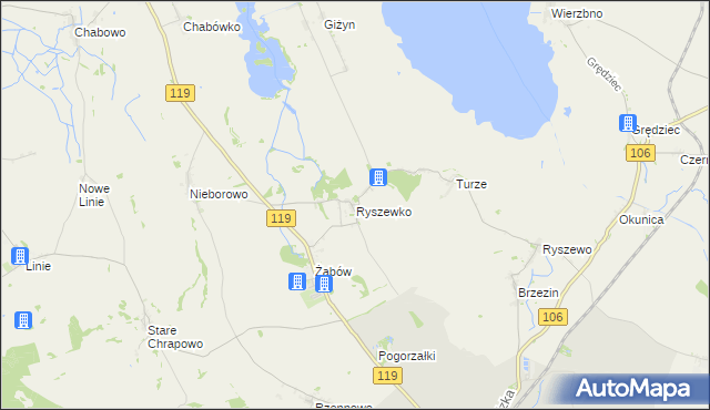 mapa Ryszewko gmina Pyrzyce, Ryszewko gmina Pyrzyce na mapie Targeo