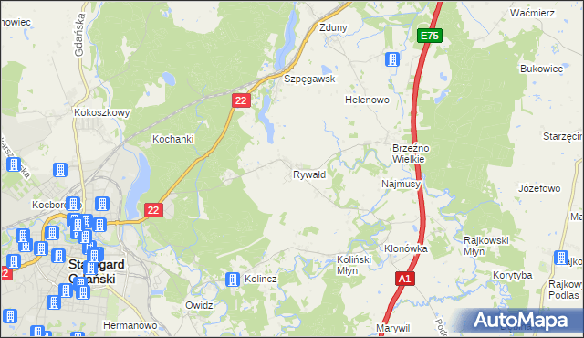 mapa Rywałd gmina Starogard Gdański, Rywałd gmina Starogard Gdański na mapie Targeo