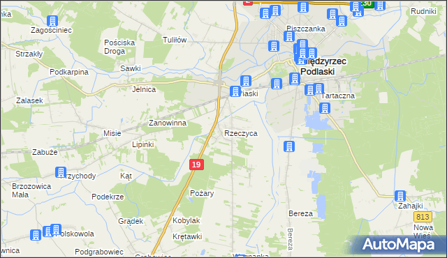 mapa Rzeczyca gmina Międzyrzec Podlaski, Rzeczyca gmina Międzyrzec Podlaski na mapie Targeo