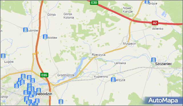 mapa Rzeczyca gmina Świebodzin, Rzeczyca gmina Świebodzin na mapie Targeo