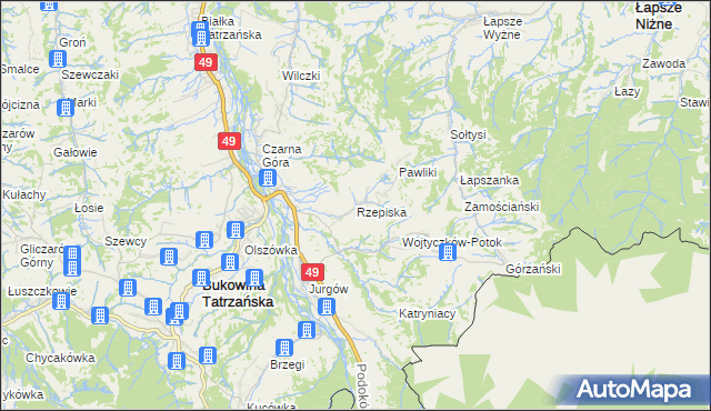 mapa Rzepiska gmina Bukowina Tatrzańska, Rzepiska gmina Bukowina Tatrzańska na mapie Targeo