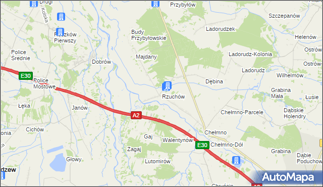 mapa Rzuchów gmina Dąbie, Rzuchów gmina Dąbie na mapie Targeo