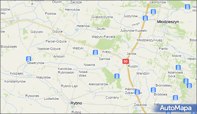 mapa Sarnów gmina Rybno, Sarnów gmina Rybno na mapie Targeo