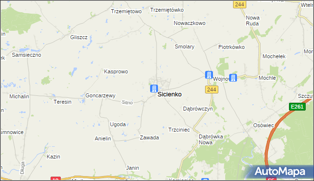 mapa Sicienko powiat bydgoski, Sicienko powiat bydgoski na mapie Targeo