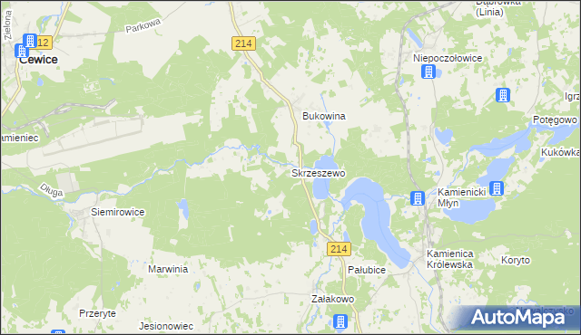 mapa Skrzeszewo gmina Sierakowice, Skrzeszewo gmina Sierakowice na mapie Targeo