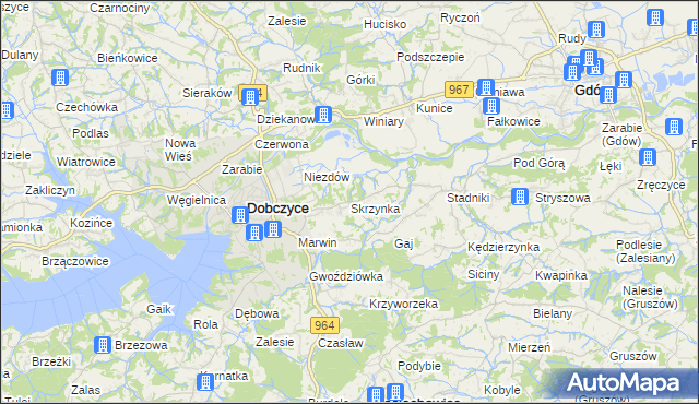 mapa Skrzynka gmina Dobczyce, Skrzynka gmina Dobczyce na mapie Targeo