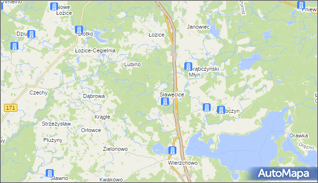 mapa Sławęcice gmina Szczecinek, Sławęcice gmina Szczecinek na mapie Targeo
