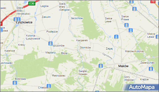 mapa Słomków gmina Maków, Słomków gmina Maków na mapie Targeo