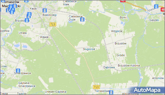 mapa Sługocice gmina Tomaszów Mazowiecki, Sługocice gmina Tomaszów Mazowiecki na mapie Targeo