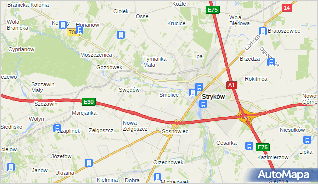 mapa Smolice gmina Stryków, Smolice gmina Stryków na mapie Targeo