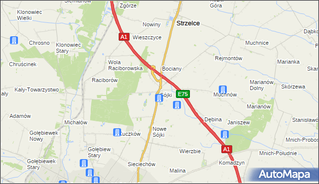 mapa Sójki gmina Strzelce, Sójki gmina Strzelce na mapie Targeo