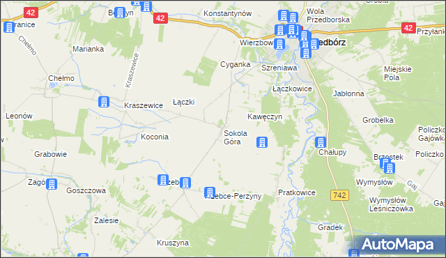 mapa Sokola Góra gmina Wielgomłyny, Sokola Góra gmina Wielgomłyny na mapie Targeo