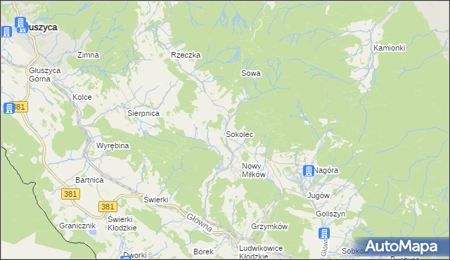 mapa Sokolec gmina Nowa Ruda, Sokolec gmina Nowa Ruda na mapie Targeo
