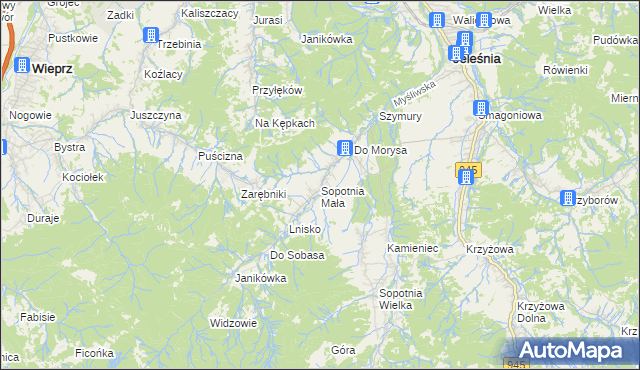 mapa Sopotnia Mała, Sopotnia Mała na mapie Targeo