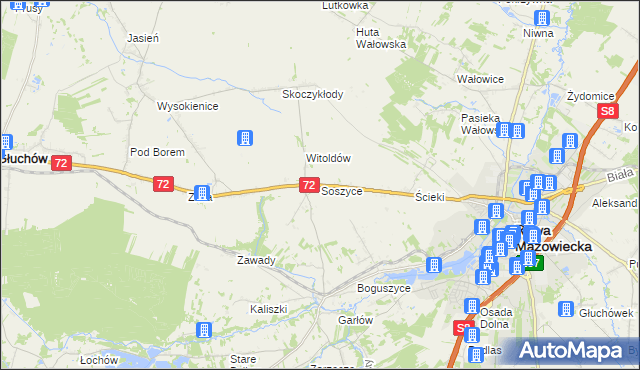 mapa Soszyce gmina Rawa Mazowiecka, Soszyce gmina Rawa Mazowiecka na mapie Targeo
